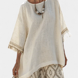 Boho-Chic-Set: offwhite Tunika mit Rundhalsausschnitt und gemusterten Schlaghosen
