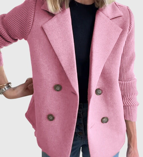 Damen-Blazer mit Reverskragen, zweireihiger Knopfleiste und Strickärmeln, rosa