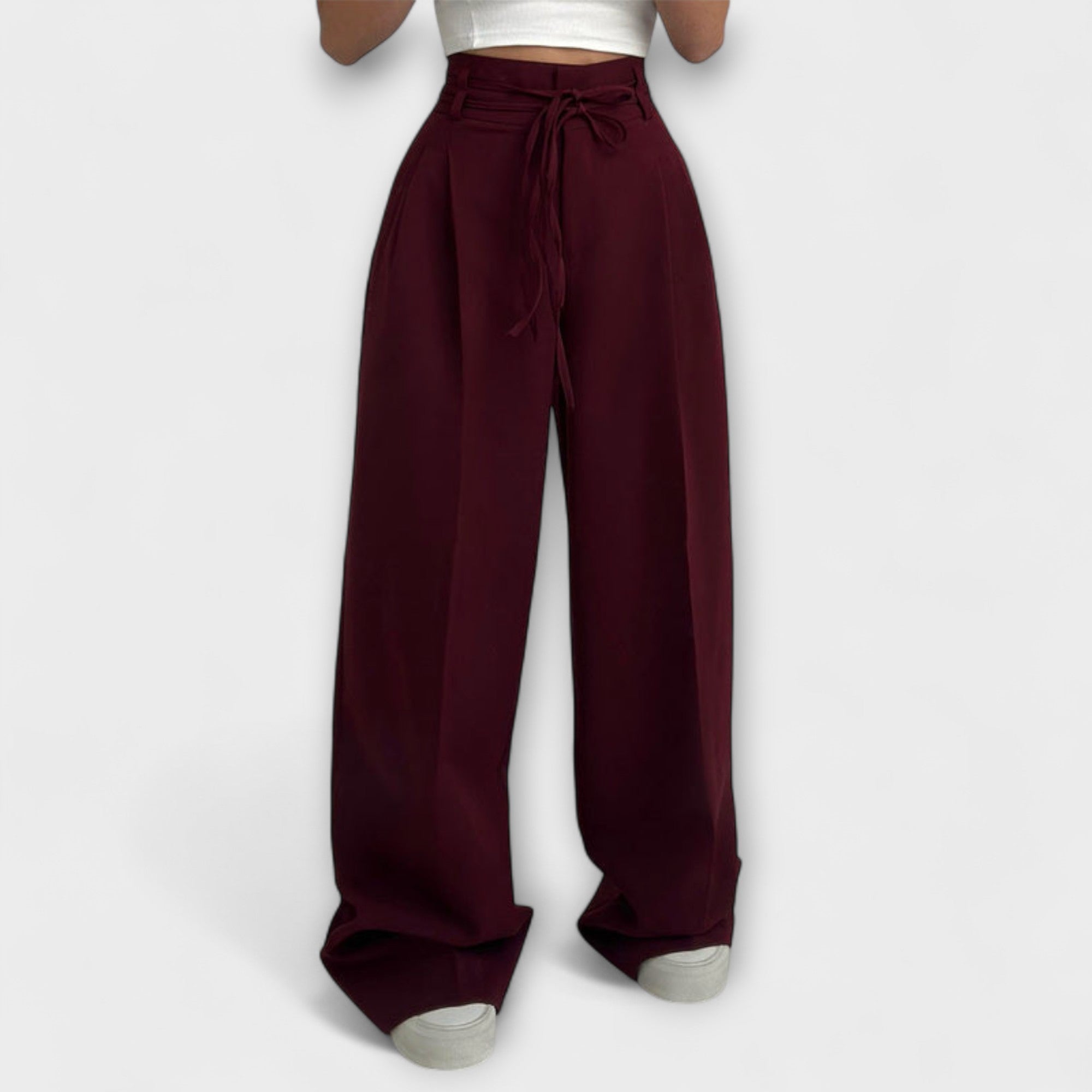 Schnürbare Freizeit-Hose, weinrot, weites Bein, Kordelzug am Bund, gerade Silhouette