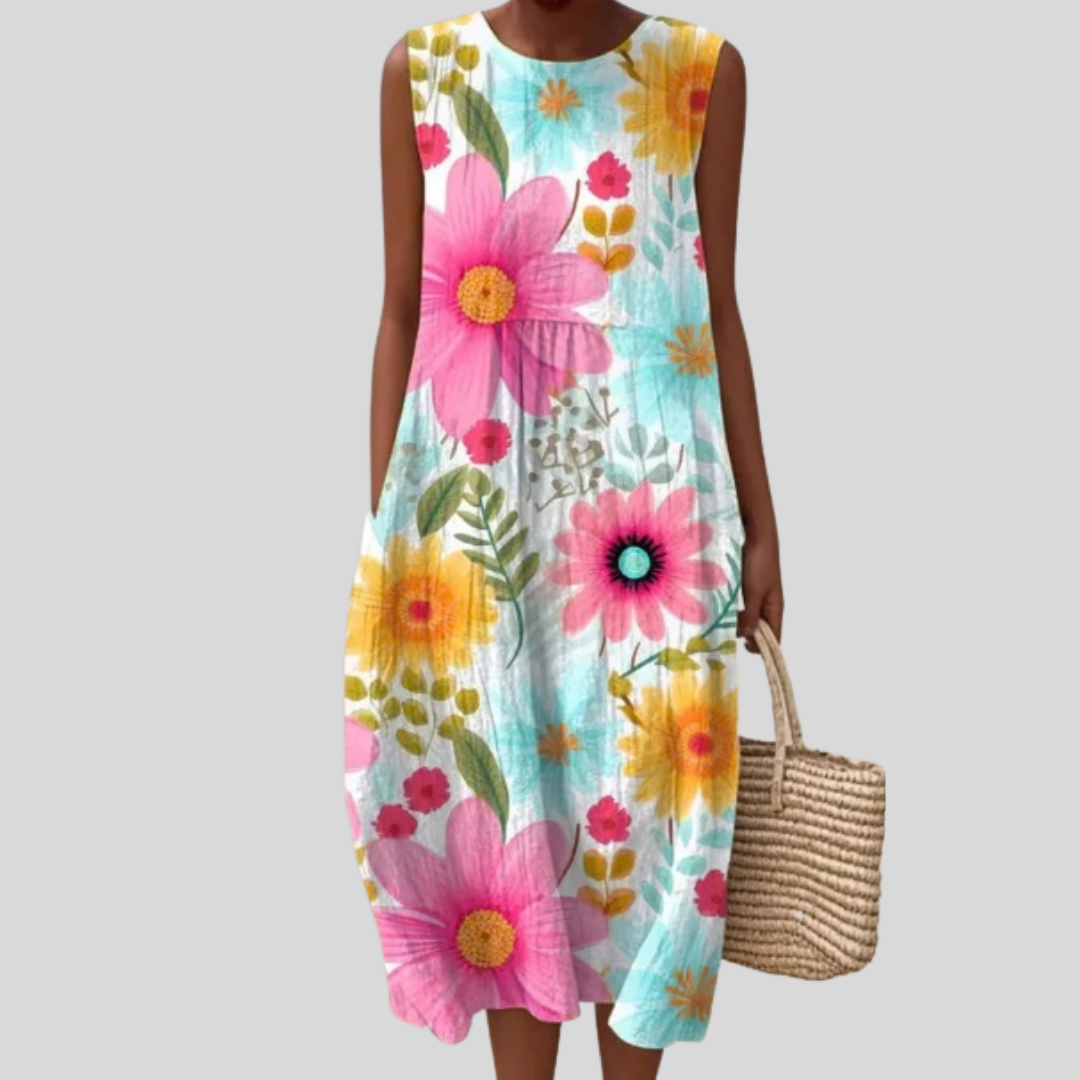 Ärmelloses Sommerkleid mit buntem Blumenmuster in Türkis, Rosa und Gelb