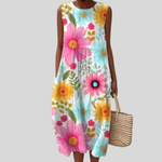 Ärmelloses Sommerkleid mit buntem Blumenmuster in Türkis, Rosa und Gelb