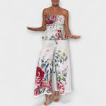 Schulterfreies Blumenmuster-Top mit geraffter Taille und weiter Hose