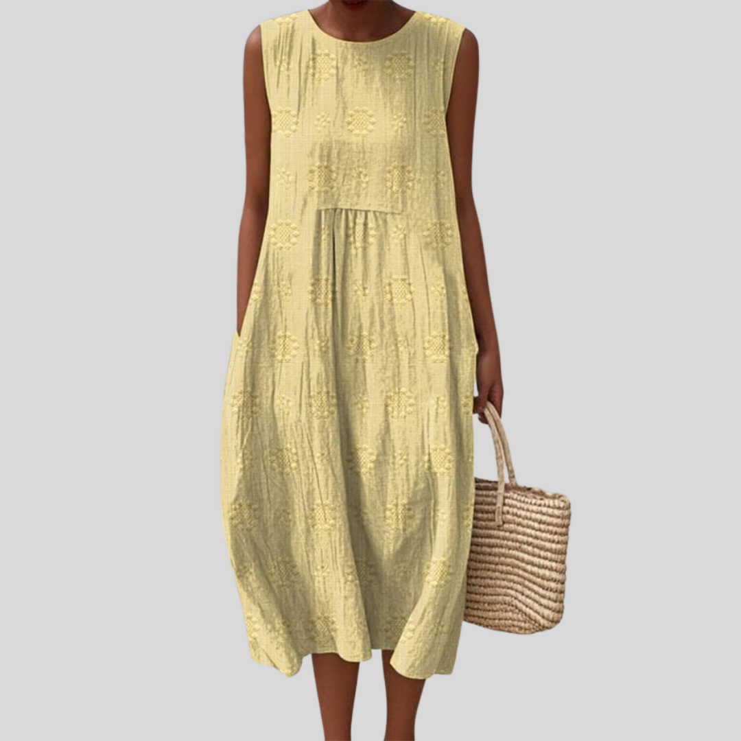 Gelbes ärmelloses Sommerkleid mit Rundhalsausschnitt und gerafftem Rock