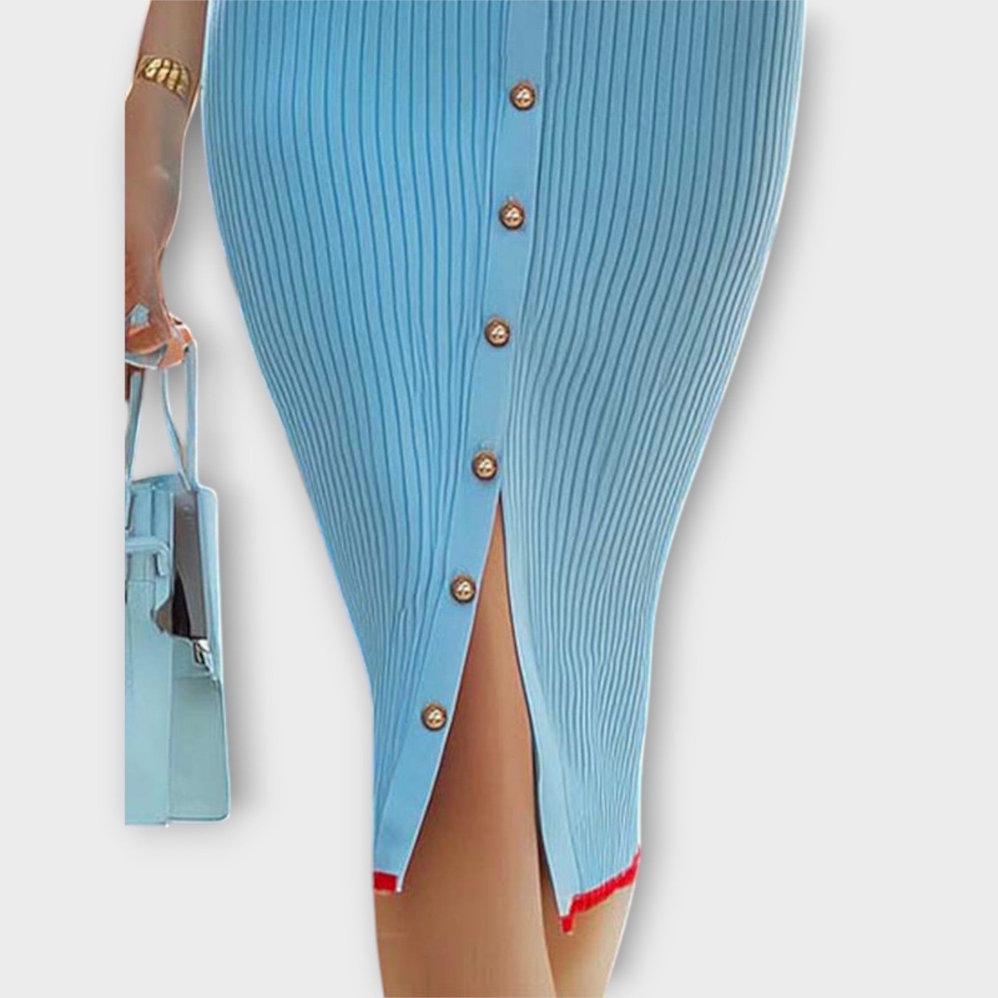 Rippstrick-Bleistiftkleid in babyblau mit seitlichem Schlitz und Knopfleiste