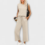 Zweiteiliges Damen-Set mit ärmellosem Oberteil und weiten Culottes, Kordelzug, beige