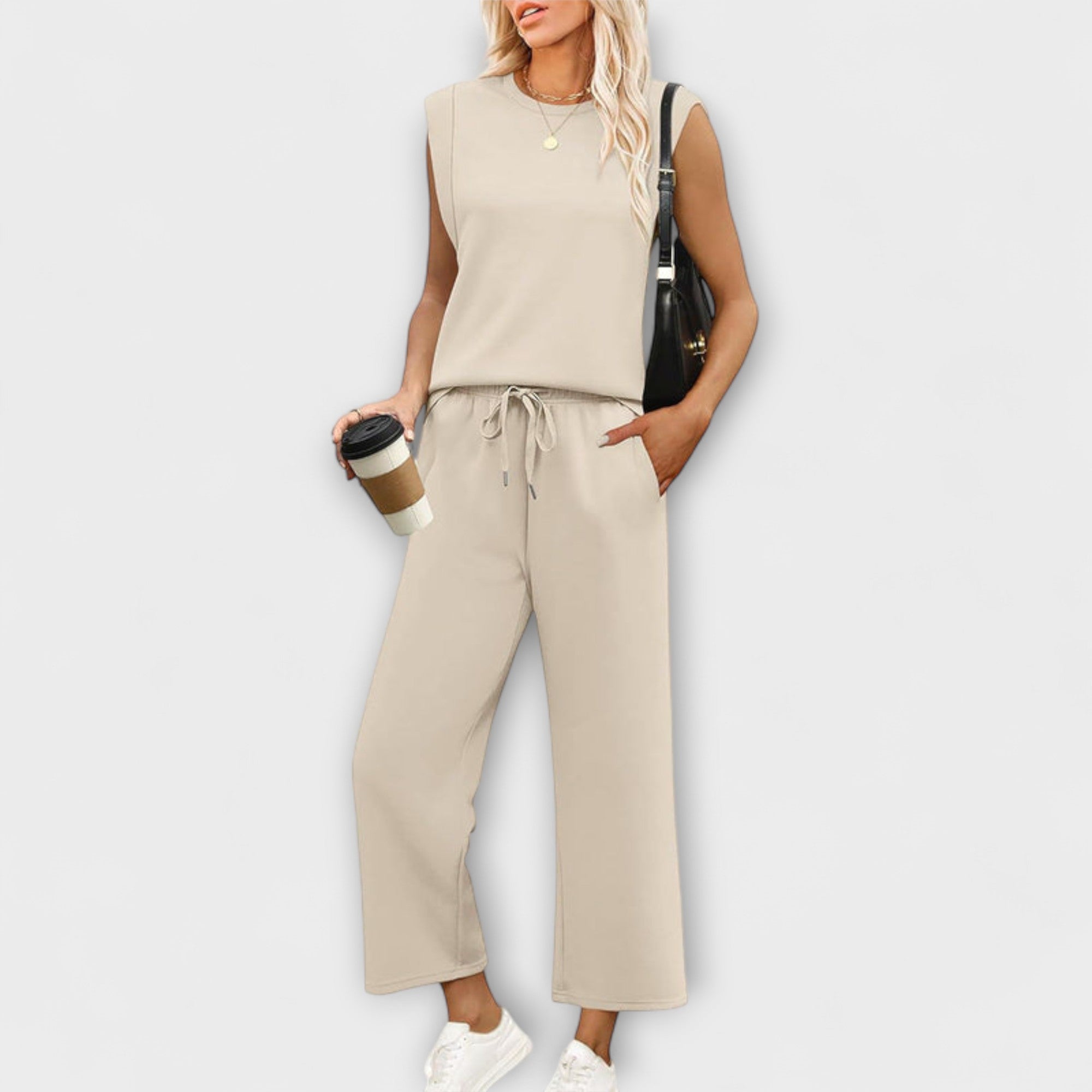 Zweiteiliges Damen-Set mit ärmellosem Oberteil und weiten Culottes, Kordelzug, beige