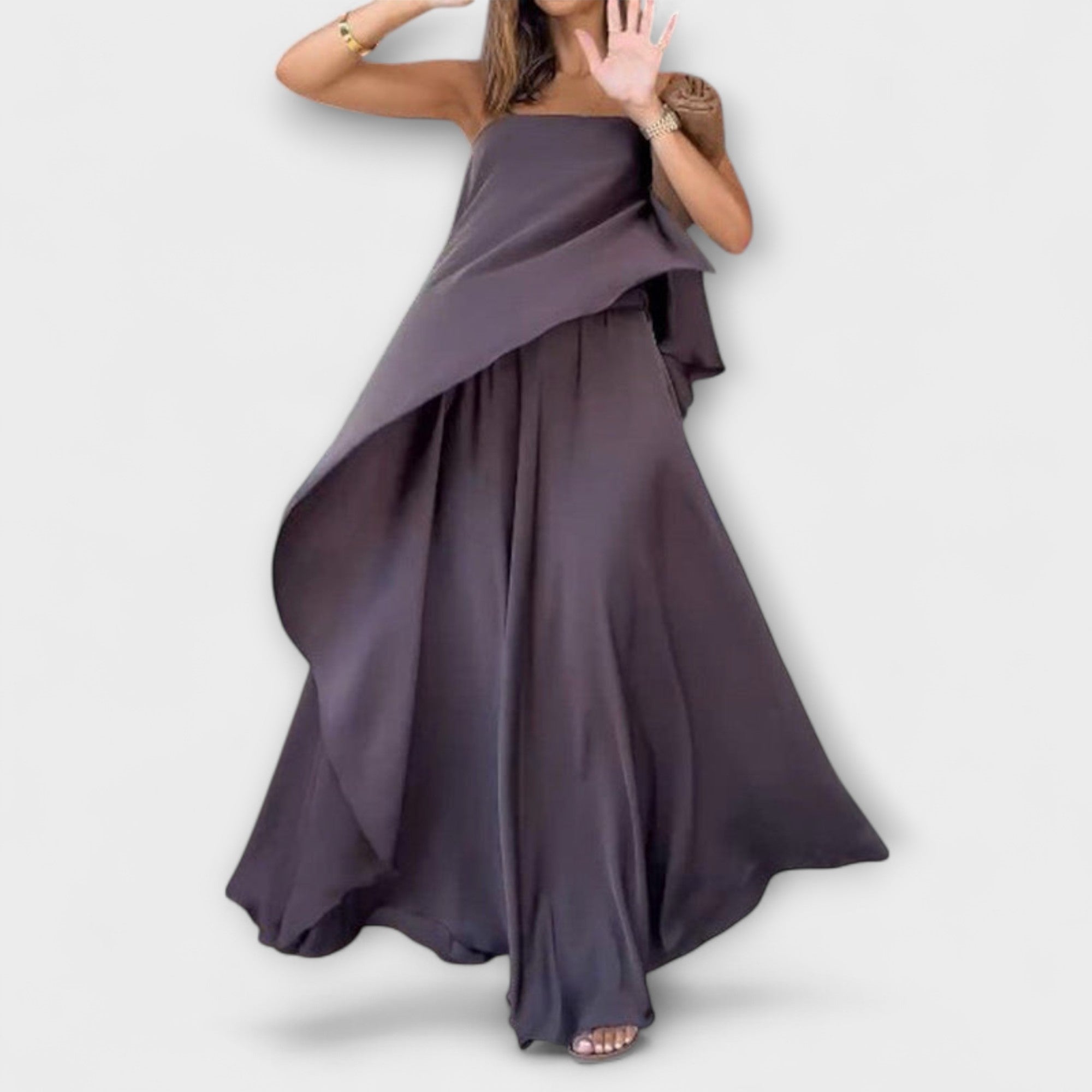Zweiteiliges Bandeau-Top und Rock, ärmellos, dunkelviolett, voluminöser Rocksaum