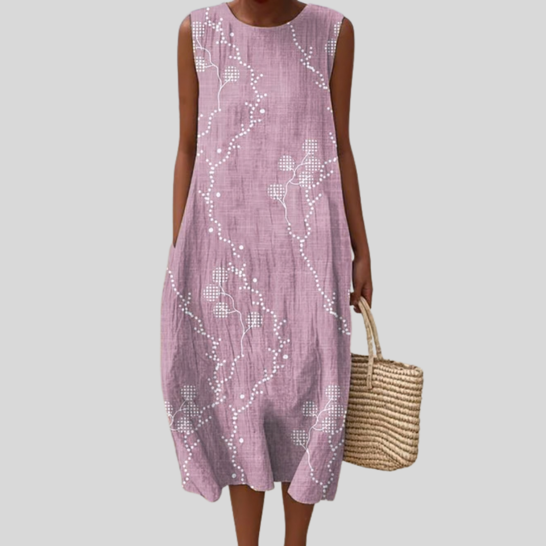 Ärmelloses lila Kleid mit weißen Blumenprints, lockere A-Linie bis zum Knie
