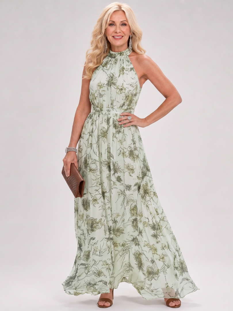 Fließendes Midikleid mit grünem Blumenmuster, ärmellos, Halterneck; luftig fallend