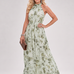 Fließendes Midikleid mit grünem Blumenmuster, ärmellos, Halterneck; luftig fallend