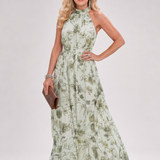 Fließendes Midikleid mit grünem Blumenmuster, ärmellos, Halterneck; luftig fallend
