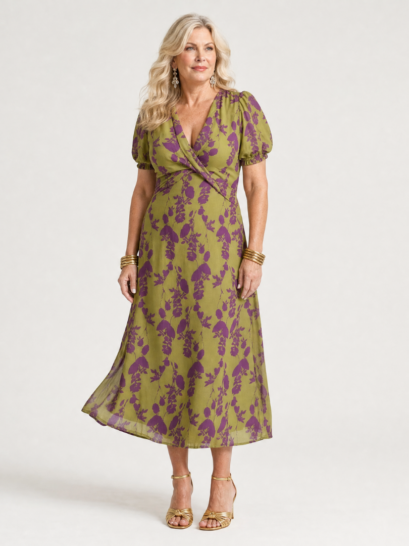 Midi-Kleid mit Wickeloptik, kurzen Puffärmeln und lila Blüten auf olivfarbenem Grund