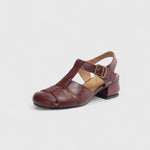 Elegante Ledersandalen in Dunkelrotbraun mit Riemen, Metallschnalle und Blockabsatz