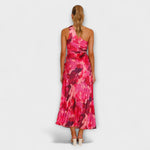 Rückansicht: Rosaes Maxikleid mit Cut-out am Taillenbereich und plissiertem Look