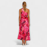 Rückansicht: Rosaes Maxikleid mit Cut-out am Taillenbereich und plissiertem Look
