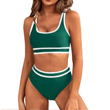Figurformendes Sport-Bikini-Set in Grün mit breitem Unterbrustband und weißen Streifen
