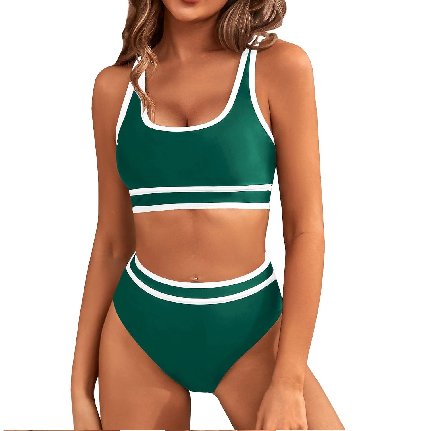 Figurformendes Sport-Bikini-Set in Grün mit breitem Unterbrustband und weißen Streifen