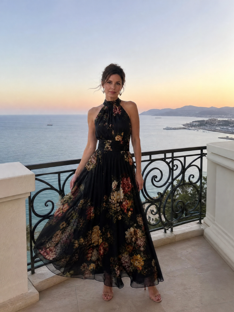 Schwarzes Halter-Neck Midi-Kleid mit floralen Prints, ausgestelltem Rock