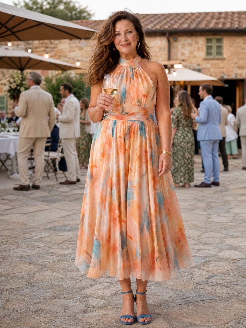 Halter-Midi-Kleid mit mehrfarbigem Aquarellmuster, ärmellos, Midi-Länge