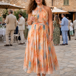 Halter-Midi-Kleid mit mehrfarbigem Aquarellmuster, ärmellos, Midi-Länge