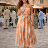 Halter-Midi-Kleid mit mehrfarbigem Aquarellmuster, ärmellos, Midi-Länge
