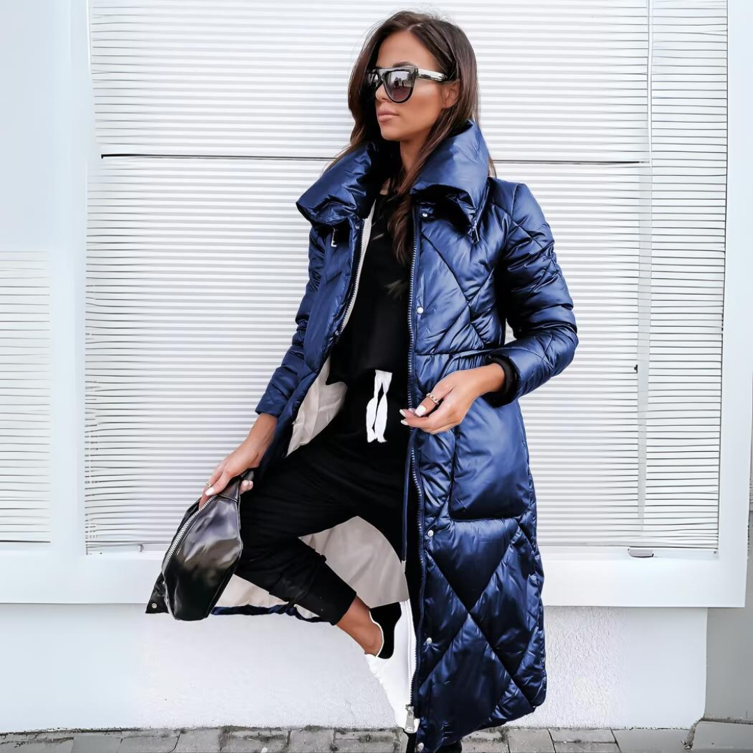 Miriam längere Parka-Jacke, dunkelblau, wattiert, Kapuze, Reißverschluss