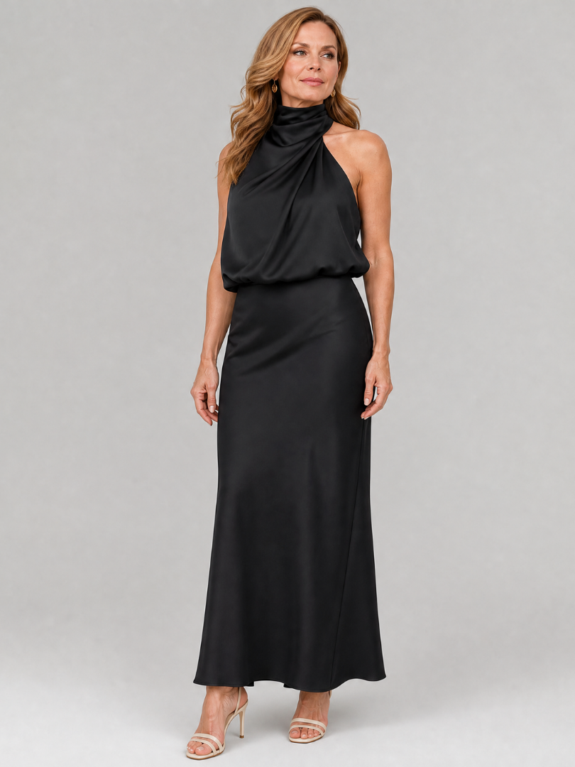 Ärmelloses Midikleid Schwarz mit drapiertem Stehkragen und elegantem Drapé am Oberteil