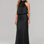 Ärmelloses Midikleid Schwarz mit drapiertem Stehkragen und elegantem Drapé am Oberteil