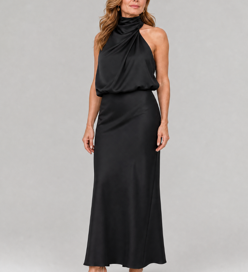 Ärmelloses Midikleid Schwarz mit drapiertem Stehkragen und elegantem Drapé am Oberteil