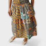 Mehrfarbiges Midikleid: Rockpartie mit gestuftem Volant und Blattmuster