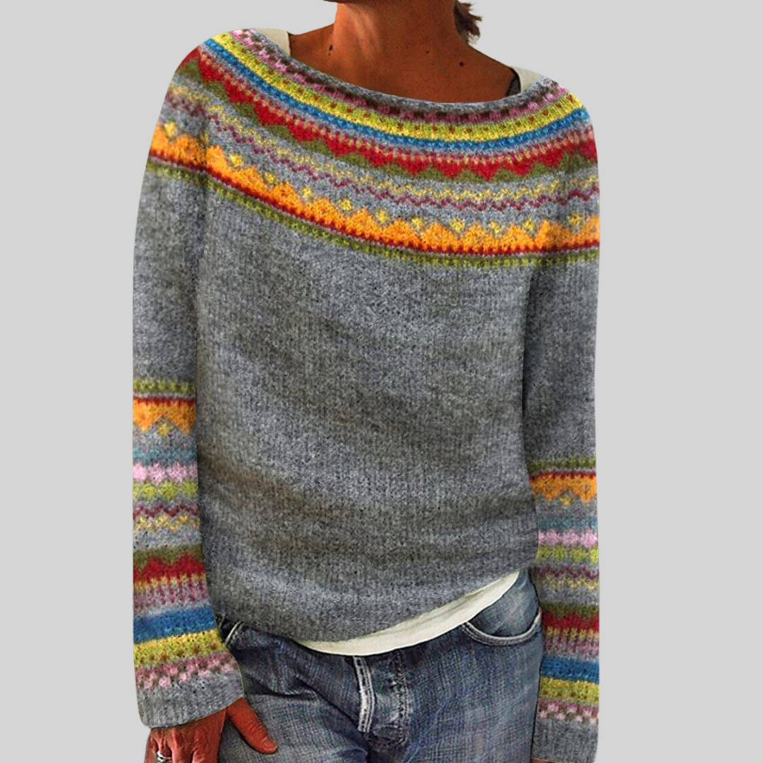 Pullover mit rundem Halsausschnitt, grauer Strickoptik und bunten Zierstreifen
