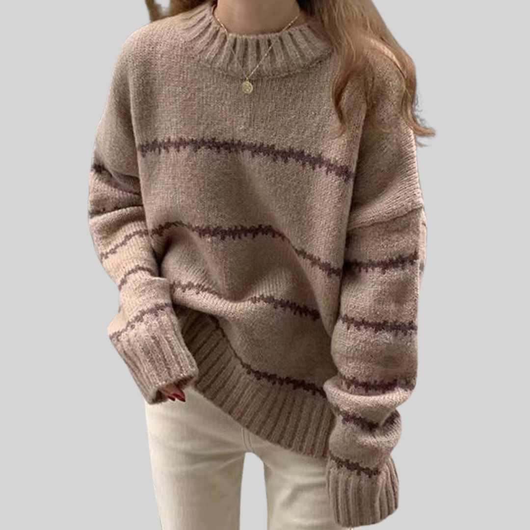 Strickpullover in Braun mit Rippkragen und Jacquard-Streifen