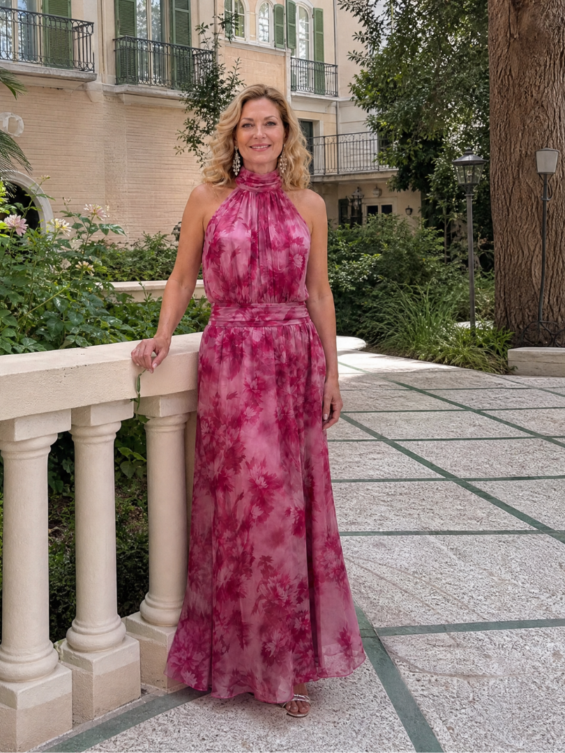 Rosa Batik-Halfter-Midi-Kleid mit hohem Ausschnitt, geraffter Taille und langem, fließendem Rock