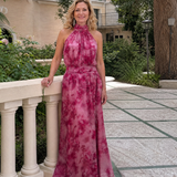 Rosa Batik-Halfter-Midi-Kleid mit hohem Ausschnitt, geraffter Taille und langem, fließendem Rock