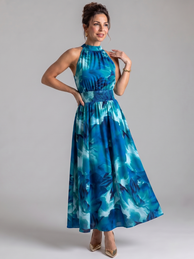 Blaues Midi-Kleid mit geraffter Taille und abstraktem Druck, ärmellos, hoher Hals