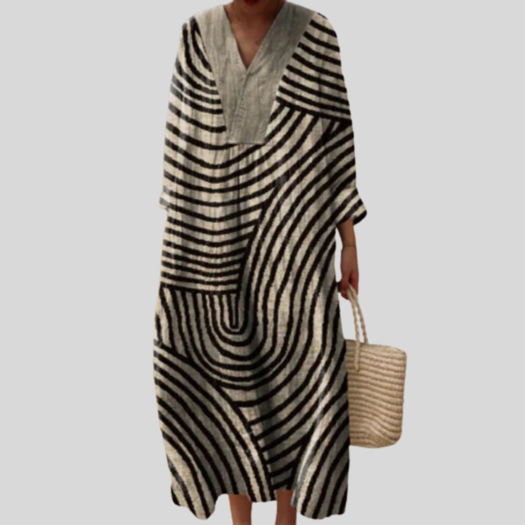 Lockeres Sommerkleid mit V-Ausschnitt, kurzen Ärmeln und Wellenlinien-Print in Hellbeige/Schwarz