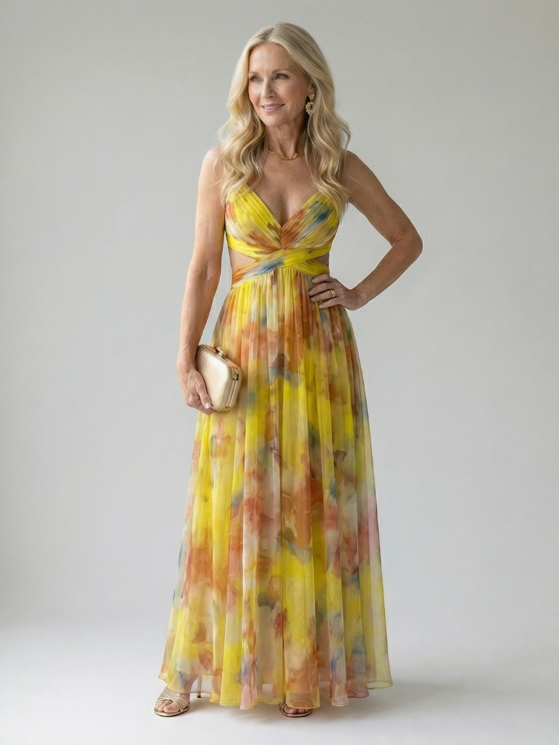 Maxi-Wickelkleid mit gelb-oranger Wasserfarben-Optik, V-Ausschnitt und weitem Chiffonrock