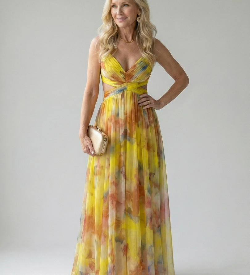 Maxi-Wickelkleid mit gelb-oranger Wasserfarben-Optik, V-Ausschnitt und weitem Chiffonrock