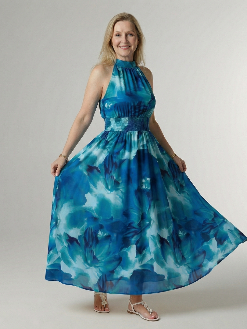 Blaues Halter-Midi-Kleid mit gerafftem Oberteil, elastischem Taillenbund und Glockenrock