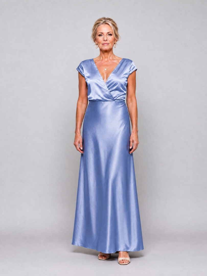 Blaues Maxikleid mit Wickeloberteil und kurzen Ärmeln, V-Ausschnitt, Satin