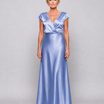 Blaues Maxikleid mit Wickeloberteil und kurzen Ärmeln, V-Ausschnitt, Satin