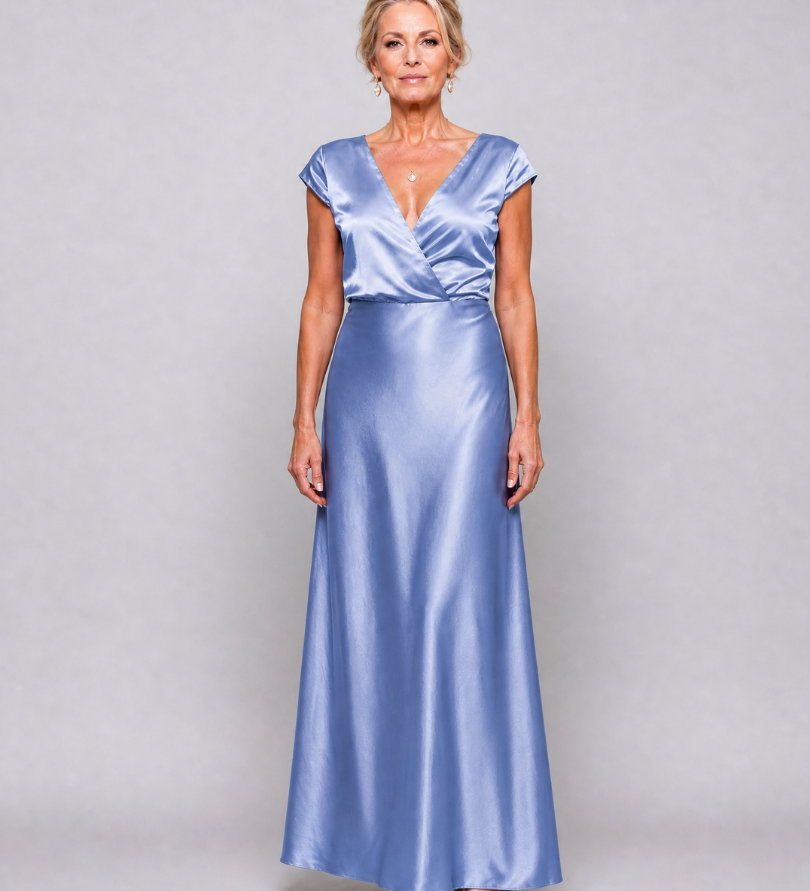 Blaues Maxikleid mit Wickeloberteil und kurzen Ärmeln, V-Ausschnitt, Satin