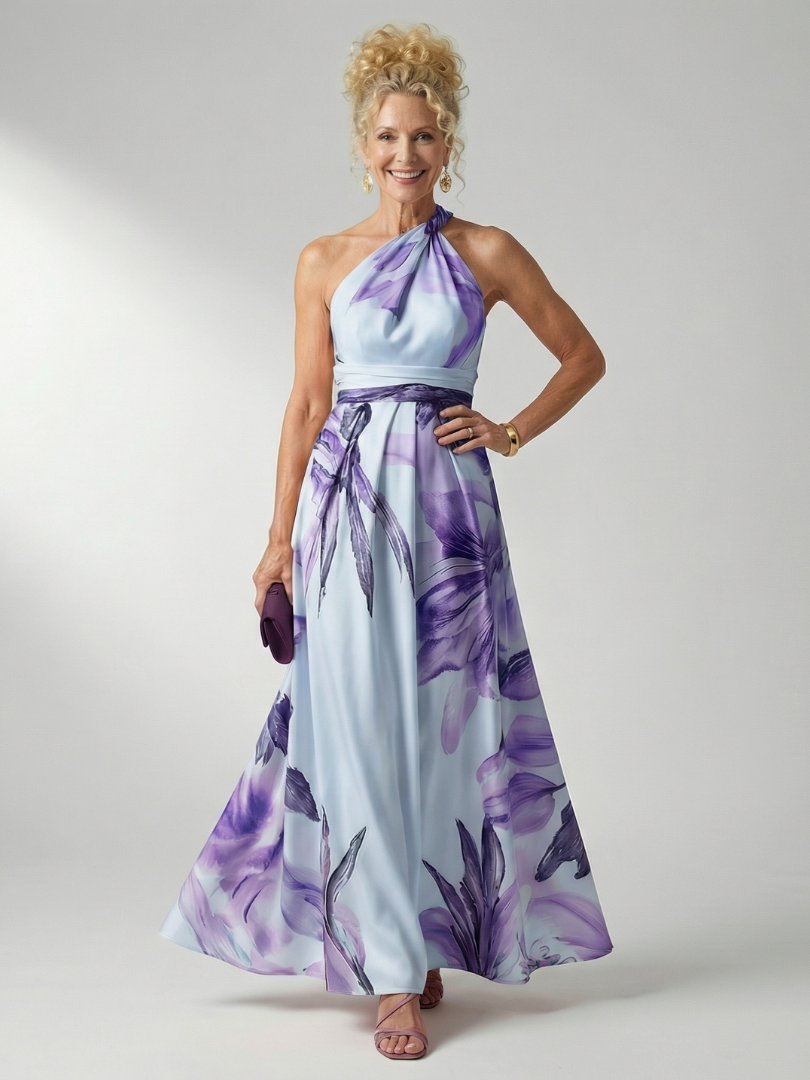 Maxikleid mit Blumenprint, ärmellosem Neckholder und Taillenbindung, fliederfarben