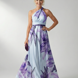 Maxikleid mit Blumenprint, ärmellosem Neckholder und Taillenbindung, fliederfarben