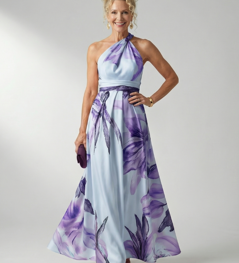 Maxikleid mit Blumenprint, ärmellosem Neckholder und Taillenbindung, fliederfarben