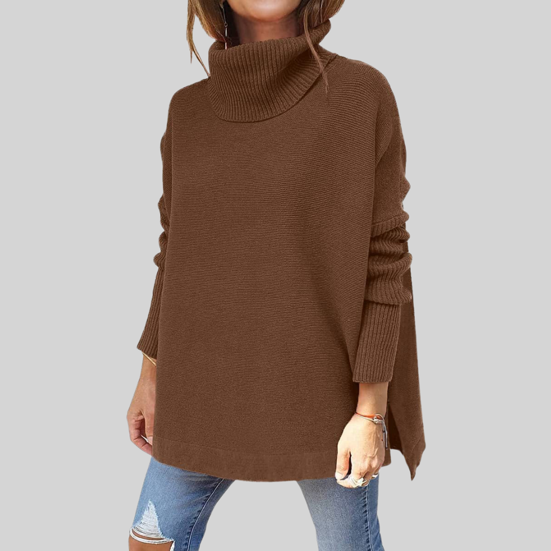 Oversize-Pullover mit Rollkragen, braun, lange Ärmel, Rippbündchen