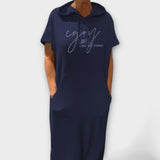 Entspanntes Kapuzenkleid, marineblaues Midi-Kleid mit Kapuze und kurzen Ärmeln
