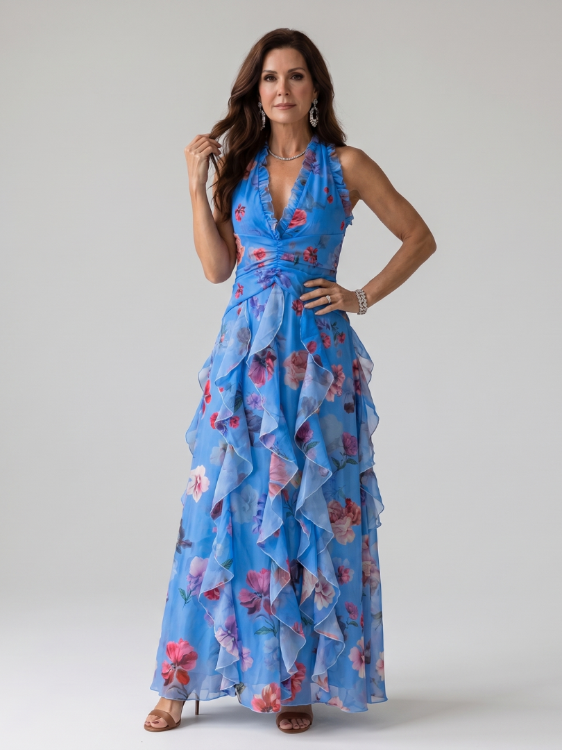 Halterneck-Rüschentop Maxikleid, blaues Floral, ärmellos, geraffter Volant-Rock