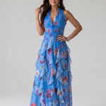 Halterneck-Rüschentop Maxikleid, blaues Floral, ärmellos, geraffter Volant-Rock