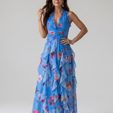 Halterneck-Rüschentop Maxikleid, blaues Floral, ärmellos, geraffter Volant-Rock